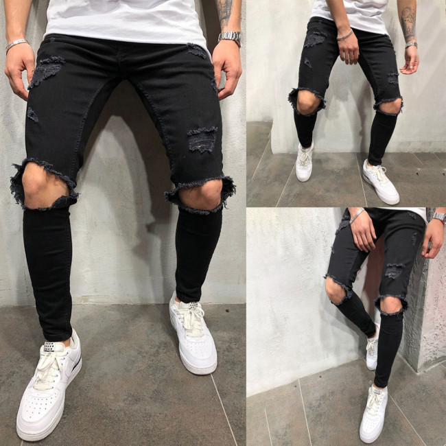 High Streetwear Men Knee with Holes Decor Black Jeans with Zipper Slim Fit Elasticity Skinny Ripped Pants Forward Men's Jeans