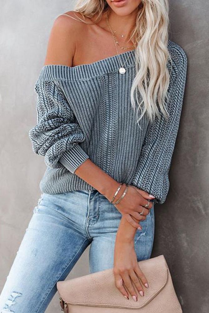 Spring And Autumn Women's New Solid Color Fashion Casual Loose One Line Collar Lantern Long Sleeve Lady Sweater