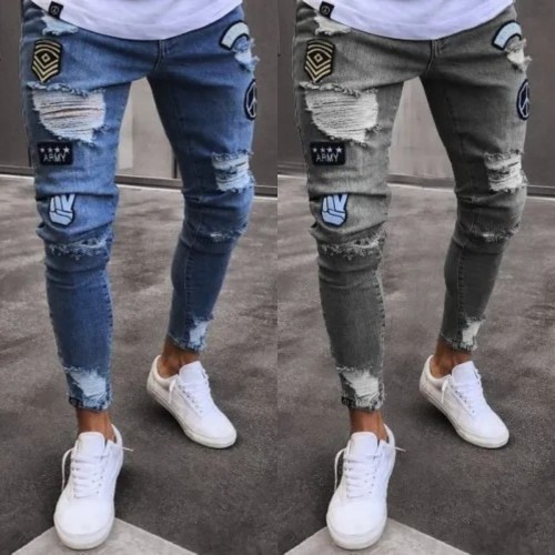2021Men Stylish Ripped Jeans Pants Biker Slim Straight Hip Hop Frayed Denim Trousers New Fashion Skinny Jeans Men European Size