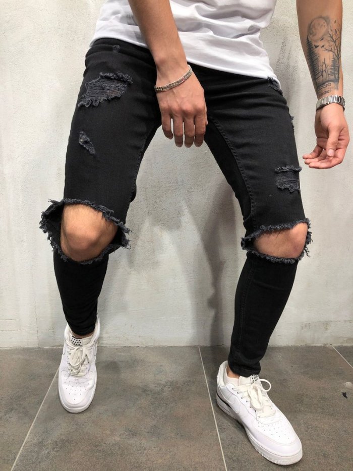 High Streetwear Men Knee with Holes Decor Black Jeans with Zipper Slim Fit Elasticity Skinny Ripped Pants Forward Men's Jeans