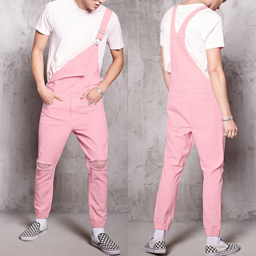 Fashion Carpenter Overalls Men Casual Pink Pants Loose Bib Trouser Mens Hip Hop Style Jumpsuit Bib Pants