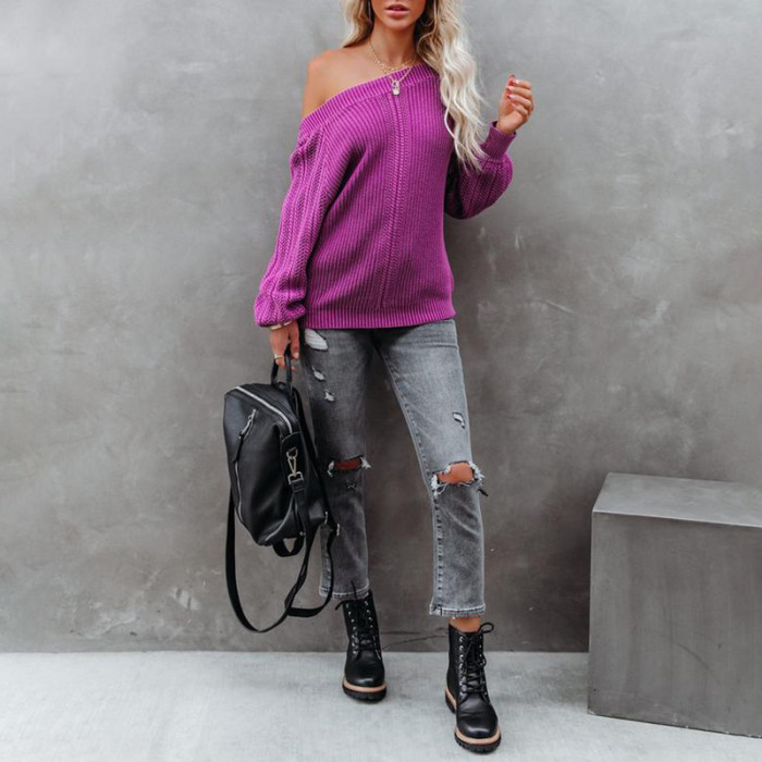 Spring And Autumn Women's New Solid Color Fashion Casual Loose One Line Collar Lantern Long Sleeve Lady Sweater