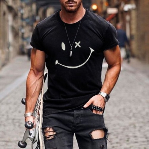 Fashion O-Neck Short Sleeve T-Shirts Men 2021 Summer New Mulit Solid Color Smiley Slim-Fit Tops Male Casual Tees