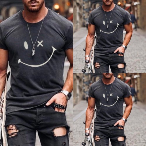 Fashion O-Neck Short Sleeve T-Shirts Men 2021 Summer New Mulit Solid Color Smiley Slim-Fit Tops Male Casual Tees