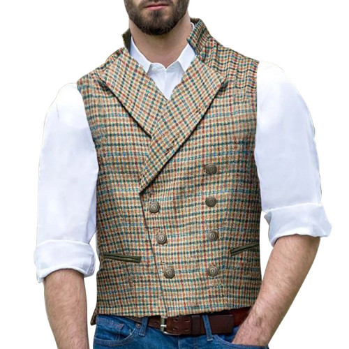 Plaid Vests For Men Mens Suit Vest Fall Spring Male Waistcoat Gilet Homme Casual Sleeveless Formal Business Double-Breasted Vest
