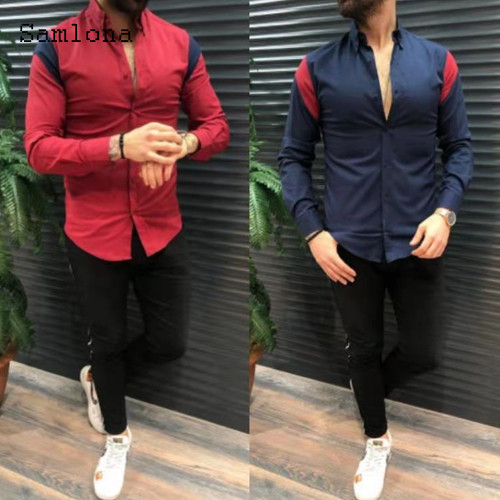 Samlona Men Patchwork Shirt Long Sleeve Tops Sexy Men clothing 2021 Single-breasted Casual Shirts blusas Autumn Sexy Mens Blouse