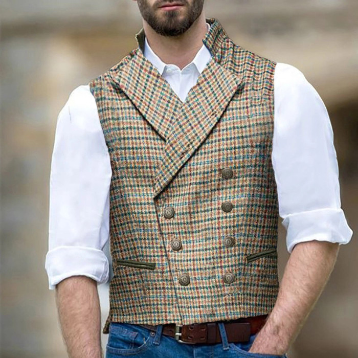 Plaid Vests For Men Mens Suit Vest Fall Spring Male Waistcoat Gilet Homme Casual Sleeveless Formal Business Double-Breasted Vest