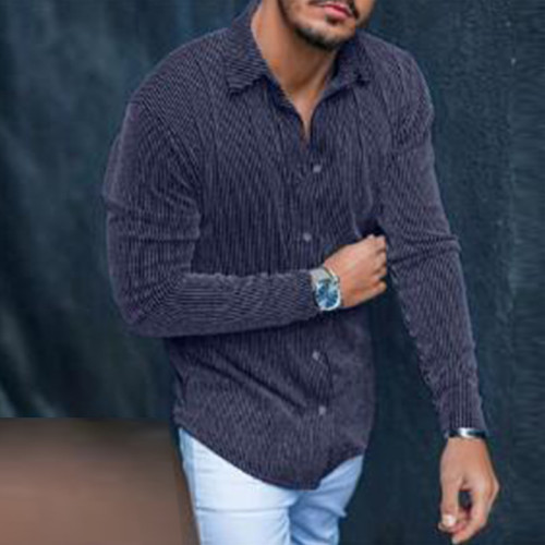 Vintage Men's Turn-down Collar Buttoned Cardigan 2021 Fashion Solid Long Sleeve Slim Shirt Autumn Winter Ribbed Woven Shirt Male