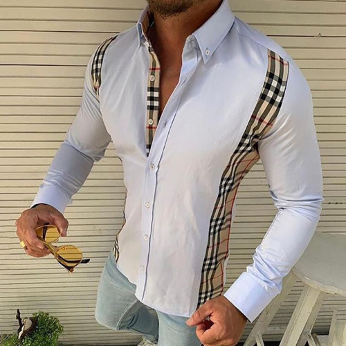 2021 Autumn Plaid Shirts Men Turn Down Collar Slim Casual Tops Leopard Long Sleeve Shirt for Man Solid Color Patchwork Shirts