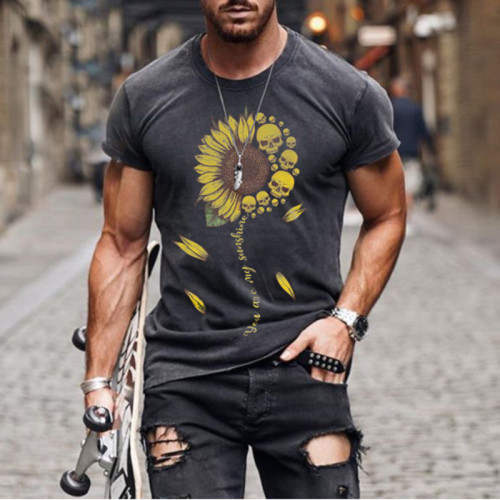 Breathable Men Short Sleeve T-shirt Summer Male Creative Sunflower Skull Head Printing Round Collar Casual Tops Clothes