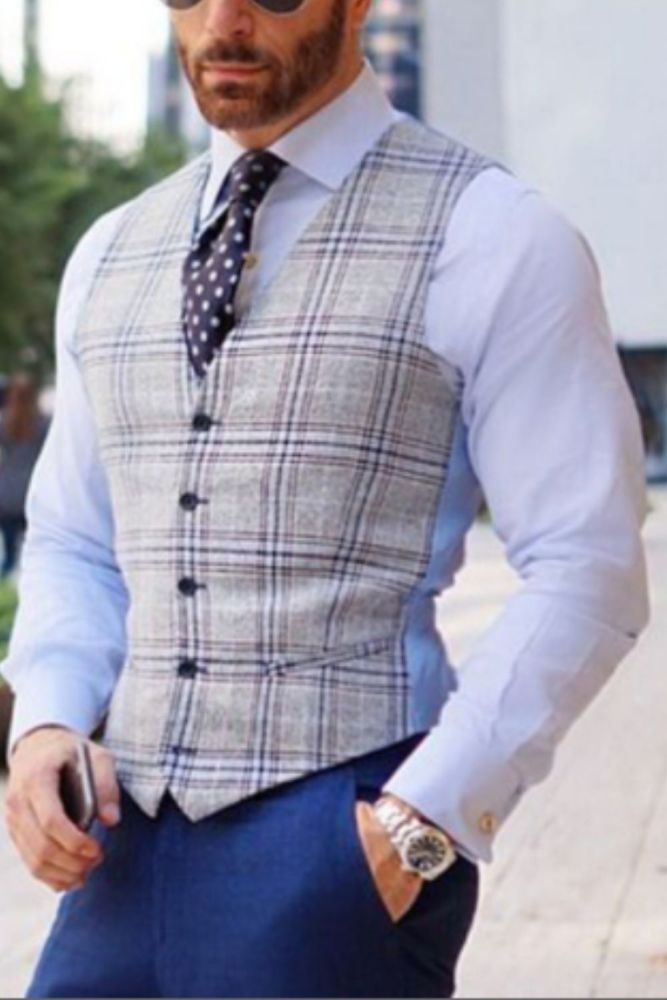 Men Clothing 2021 European and American New Men's Slim-fit Plaid Casual Suit Single-breasted Vest for Men