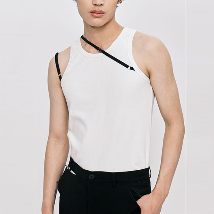 Sexy Men Summer Sleeveless Bottom Pure Tie White Ribbon Design Sense Sport Vest