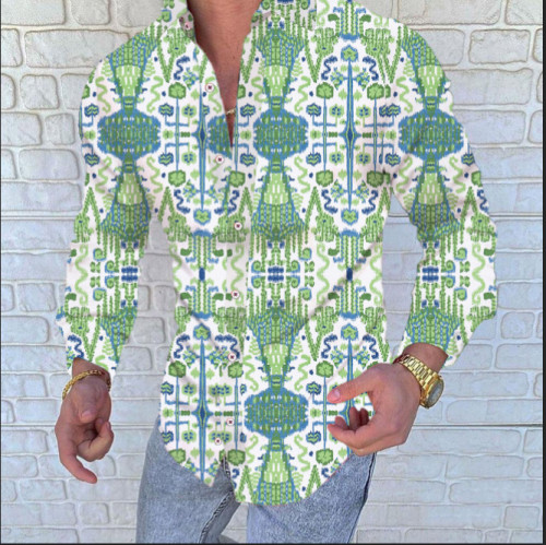 Autumn Man Vintage Tide Turn-Down Collar Shirt 2021 New Men Ethnic Print Single Breasted Long Sleeve Casual Shirt