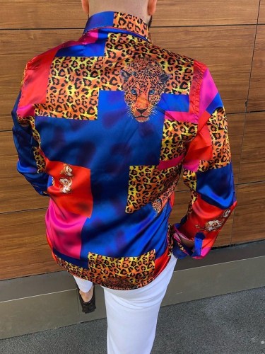 2021 Leopard Color Piece Men's Slim Shirt Autumn Casual Turn-down Collar Streetwear Fashion Together print Long Sleeve Shirt