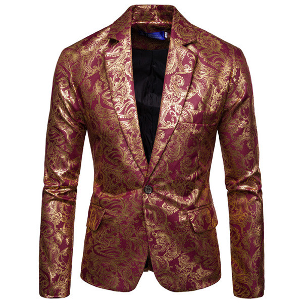 Gold Coated Metallic Suit Men Jacket Glitter Bronzing Floral Print Blazer Jacket Men Slim One button Nightclub DJ Stage Costumes