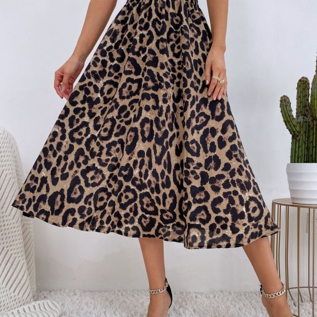 Women Long Leopard Print Skirt Elastic High WaistPleated Slim Fit Casual Maxi Skirt