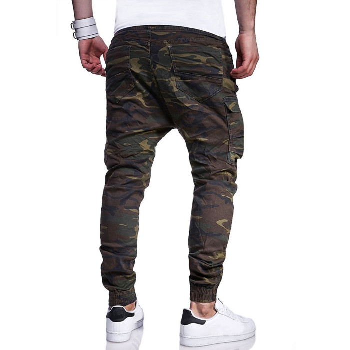 Men Camouflage Print Tethered Casual Long Pants New Fashion Straight Pocket Army Green High Street Full Length Trouser