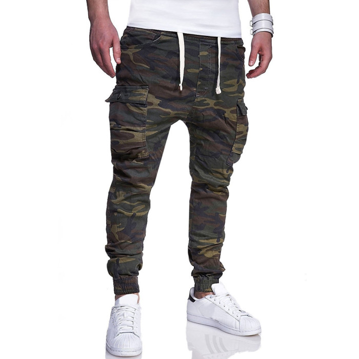 Men Camouflage Print Tethered Casual Long Pants New Fashion Straight Pocket Army Green High Street Full Length Trouser
