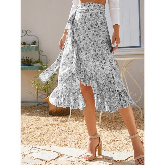 Summer Female Skirts High Waist New Print Lace Up Long Skirts Sexy Elegant Split Fork Irregular Style Women