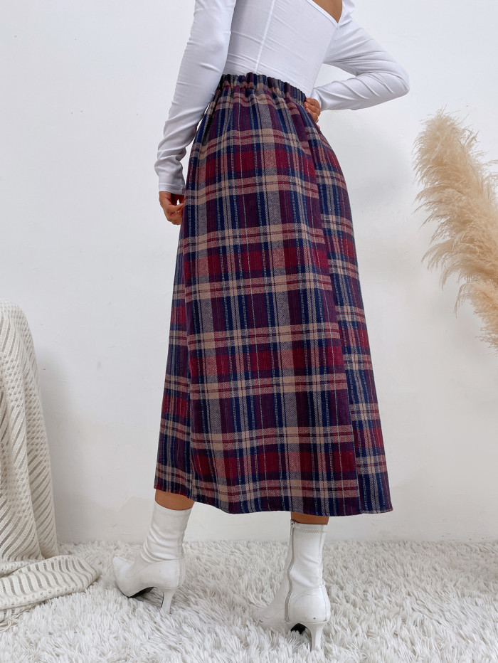 Spring Autumn High Waist Women Plaid Skirts Office Wrap Midi Skirt Business Vintage A-line Mini Skirt
