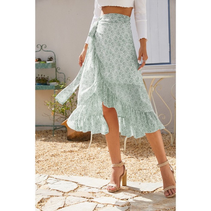 Summer Female Skirts High Waist New Print Lace Up Long Skirts Sexy Elegant Split Fork Irregular Style Women