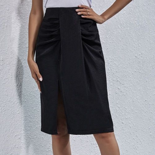 Black Asymmetric Slit Midi Skirt For Women Ruched Zipper Up Spring Autumn Clothes Skinny Elegant Ladies Patchwork Skirts