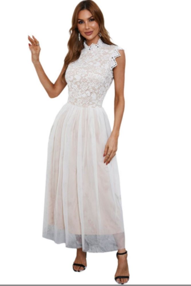 Elegant Summer Women Dress Mesh Patchwork Lace Stand Collar Large Hem A-Line Plus Size Banquet Dresses Party