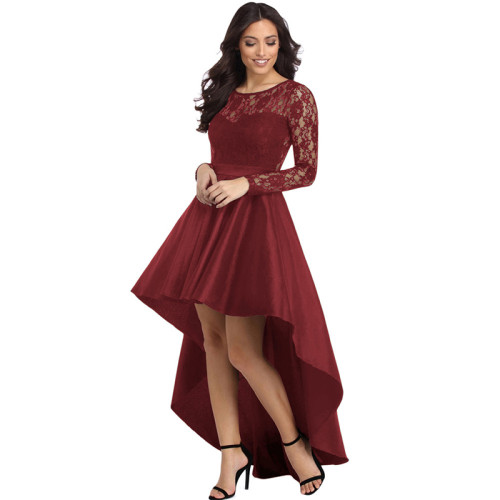 Solid Color Party Dress Autumn Winter New round Neck Long Sleeve Lace Dovetail Satin Ball Dress Vestidos Elegantes