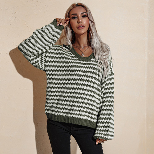 Sexy Sleeve Women's Sweater Striped Knitted V-neck Spring/Autumn Ladies Pullover Loose Korean Fashion Top Female