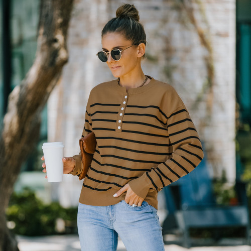 2022 Stripe Women Sweaters Buttons O-Neck Loose Woman Spring/Autumn Sweater Knitte Pullovers Casual Women Sweaters Long Sleeve