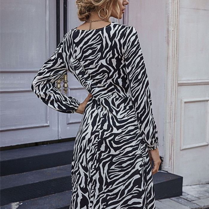 Fashion Casual Women's Midi Dresses V-Neck Zebra Stripes Sexy Split Dress Female Clothing Elegant Streetwear Loose Robe