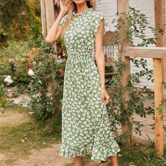 2022 New Ruffles Sleeve Women Dress Green Casual Elastic Waist Floral Printed Dress Summer Short Sleeve Dress Femme