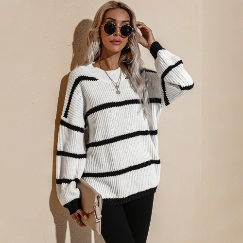 Women's Spring/Autumn New Style Round Neck Retro Loose Striped Pullover Knitted Sweater