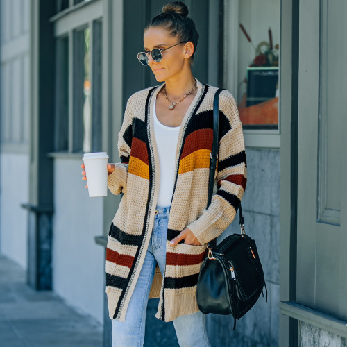 2022 Spring And Autumn Hot Women Color Block Cardigan Adults Loose Open Front Long Sleeve Knit Outerwear with Pockets