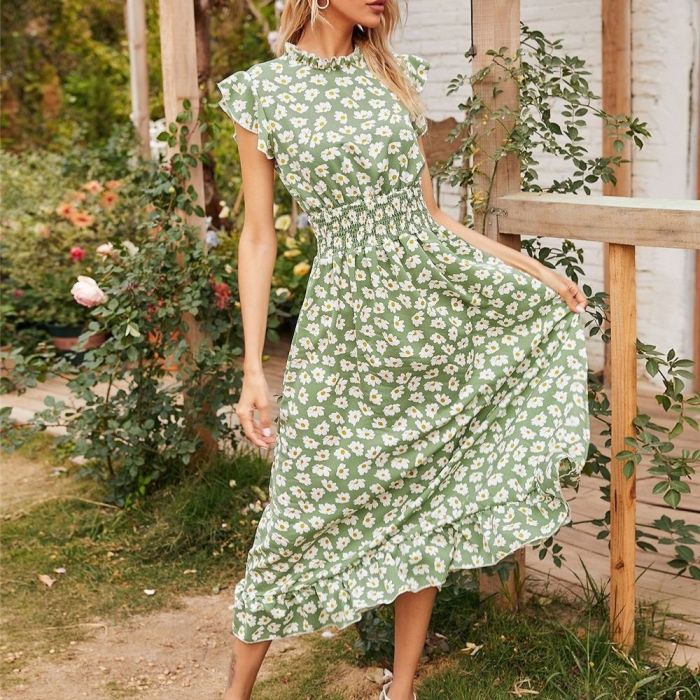 2022 New Ruffles Sleeve Women Dress Green Casual Elastic Waist Floral Printed Dress Summer Short Sleeve Dress Femme