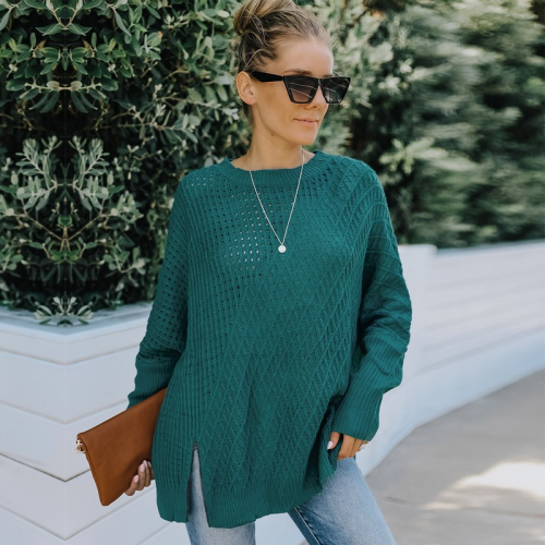 Women's Spring and Autumn 2022 New Round Neck Long-sleeved Hollow Knit Sweater Women's Loose Sweater Solid Color Hedging Leisure Sweater