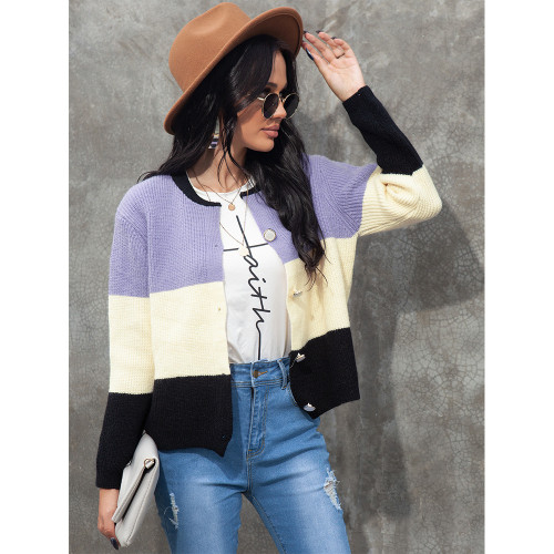 Women's Color Blocking Knitted Cardigan Long Sleeve Single Breasted Sweater Coat for Spring Autumn and Winter Cardigan For Women