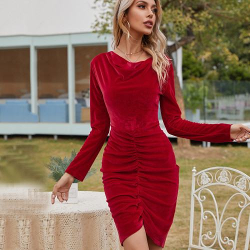 Elegant Dresses for Women O-Neck Long Sleeve Mini Dress Fall Simple Pleated Sexy Female Clothing Solid Red Fashion Party