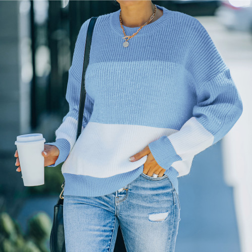 2022 Spring and  Autumn Hot Style Knitwear Women Loose Casual Round Neck Fashion Popular Long-sleeved Stitching Sweater