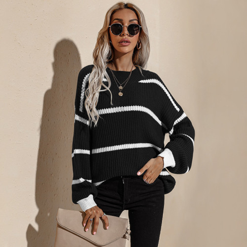 Women's Spring/Autumn New Style Round Neck Retro Loose Striped Pullover Knitted Sweater