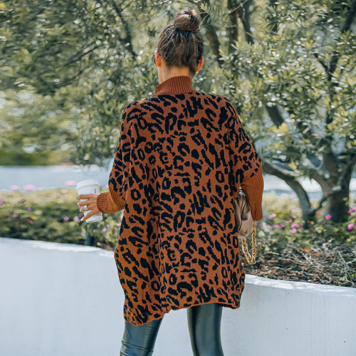 Long Sleeve Leopard Print Loose Knitted Sweater Tops Autumn Spring Thicken Pullover Knitwear Sweater Top