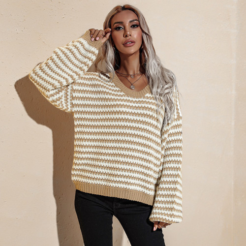 Sexy Sleeve Women's Sweater Striped Knitted V-neck Spring/Autumn Ladies Pullover Loose Korean Fashion Top Female
