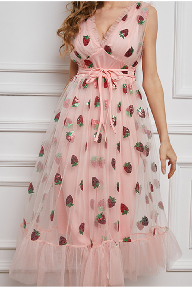 Women Fashion Long Dress V Neck Sleeveless Lacing Print Pink Strawberry Tassel Big Hem Party Night Elegant New