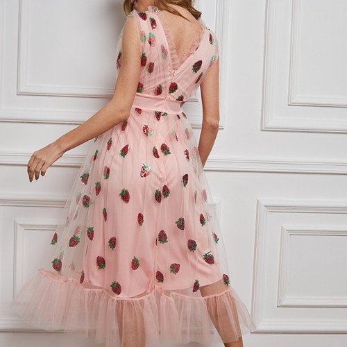 Women Fashion Long Dress V Neck Sleeveless Lacing Print Pink Strawberry Tassel Big Hem Party Night Elegant New