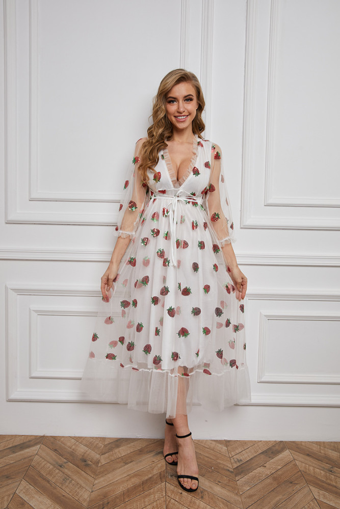 Women’s Fashion Strawberry Sequin Dress Short or Long Sleeve V-neck Hight Waist Slim Fit A-line Dress