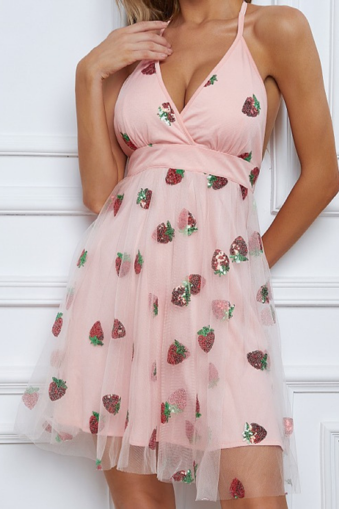 2022 Women Dress Sexy V-Neck Belt Strawberry Hot stamping Sleeveless Party Mini Mesh Dress Summer New Women's Clothing платье