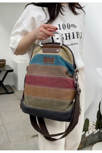 Multifunctional stitching contrast color canvas Backpack Fashion men's travel backpack Portable Laptop bag Women's new style