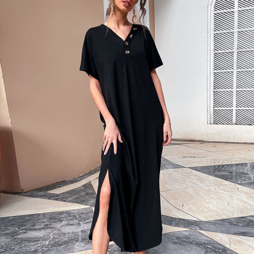 Summer new solid color pullover t-shirt dress black retro loose dress