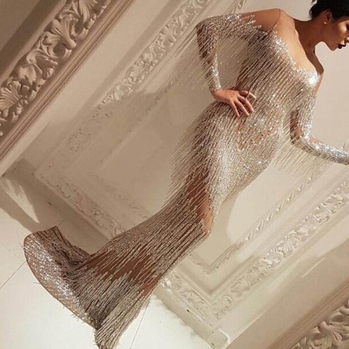 Women's Dress 2022 Long Sleeve Tassel Shiny Evening Party Dresses Slim Fit Perspective Mesh Floor Length Bodycon Prom Vestidos