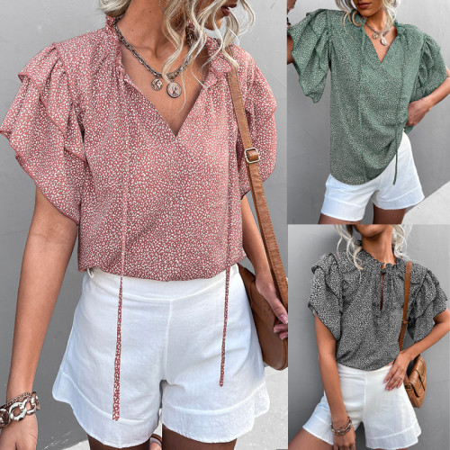 2022 Spring and summer explosion ties V-neck leopard print top casual T-shirt